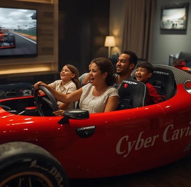 Multi-ethnic family on a realistic red Formula 1 car sofa in a living room, watching a race on a large TV screen.