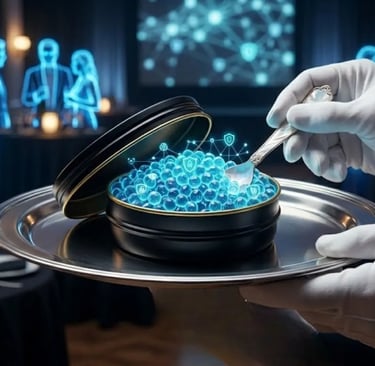 A silver tray with a luxurious black tin filled with glowing blue neon cyber caviar and security shield data symbols.