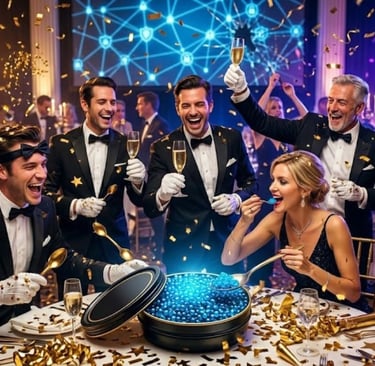 A wild gala celebration waiters laughing, bow ties on foreheads, golden confetti, guests eating glowing neon blue caviar.