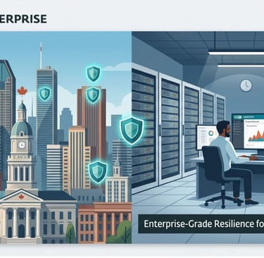 ESET Enterprise security: Montreal skyline and modern data center monitoring for Canadian large-scale corporations.