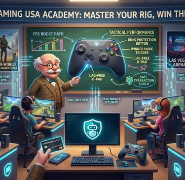 A whimsical 3D cartoon classroom with a professor teaching about UWINPERFECT and ESET VPN to absorbed US gamers