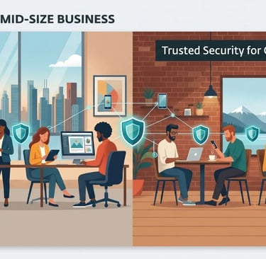 ESET security for Canadian SMBs: Toronto design agency and Vancouver tech cafe protected by blue shields.