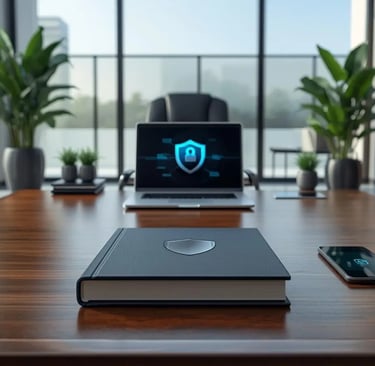 Modern luxury office desk with laptop displaying security shield, book, phone and tablet, cybersecurity theme.