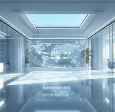 Futuristic international cybersecurity compliance office with holographic privacy and security dashboard