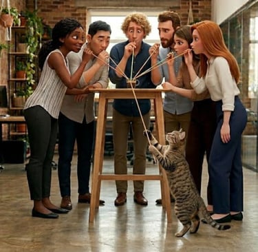 Funny drawing of a professional team and a cat sharing one single coffee cup with multiple straws in a break room.