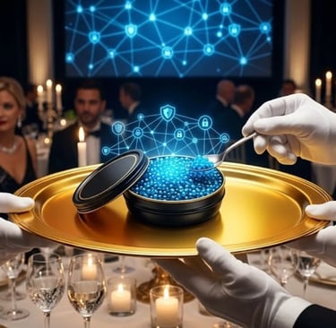 A waiter in white gloves serving a premium black tin of glowing blue cyber caviar  polished golden tray luxury dinner gala.