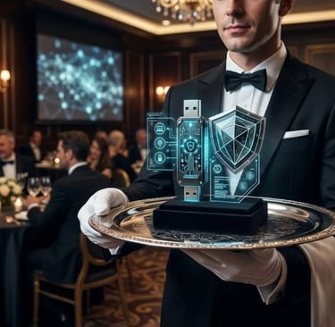 A waiter in white gloves serving a digital protection tray with glowing blue neon cyber caviar in a luxury setting.