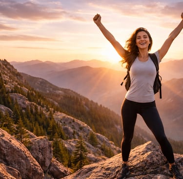 امرأة واثقة من نفسها تقف على قمة جبل عند شروق الشمس رافعة يديها، ترمز إلى الثقة بالنفس، التطور الشخص