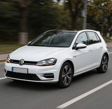 A vibrant red compact car parked near the beach promenade in Golem.