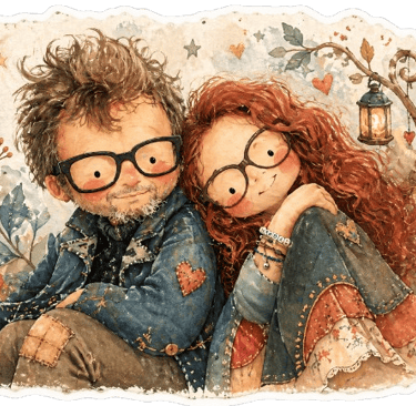 Illustrazione chi sono artigiano. Ritratto fiabesco acquerello creatore Fabio con la musa Guendalina - Guance Rosse