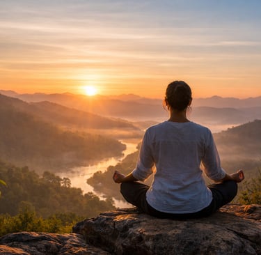 A peaceful meditation scene in nature representing wellness travel by Soma Journeys.