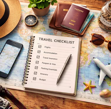Holiday planning checklist with travel essentials on a map, representing expert travel planning by Soma Journeys.