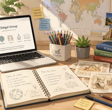 Espace de travail consacré à la culture générale avec globe terrestre, cartes, livres, ordinateur