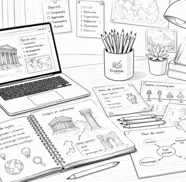 Illustration noir et blanc de préparation de contenus éducatifs avec ordinateur portable, notes