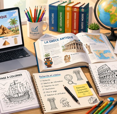 Exemple de contenu Ellaigal Group comprenant un cours illustré, 1 page à colorier, 1 modèle couleur