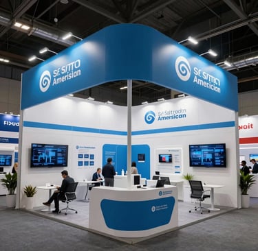 A wide, professional architectural photograph of a large-scale corporate trade fair setup with modular booths, soft blue lighting, and sleek branding elements in a South American convention hall.
