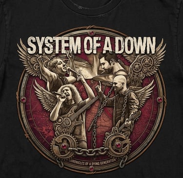 Black System of a Down band t-shirt featuring a detailed steampunk graphic of the band members.