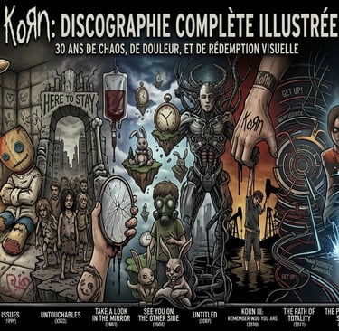 Illustrated Korn complete discography poster featuring surreal album art icons and 30 years of nu-metal history.