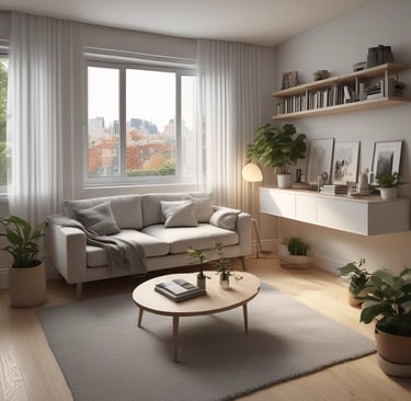 Cozy living room corner with plants and warm lighting