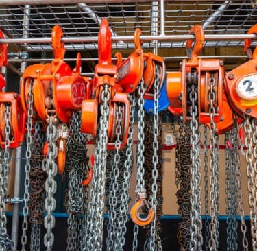 chain block on a rack being inspected
