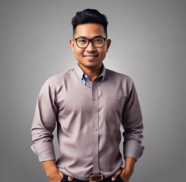 Portrait of a satisfied middle-aged Indonesian man smiling warmly.