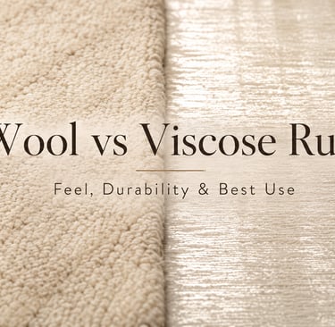 Close-up comparison of wool and viscose rug textures showing natural wool pile and smooth silk-like 