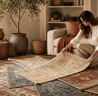 Woman choosing the right handmade rug for a cozy living room with layered rug samples and warm home 