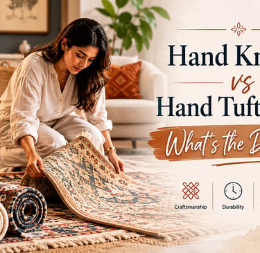 Hand knotted vs hand tufted rugs comparison showing craftsmanship, durability, design options, and p