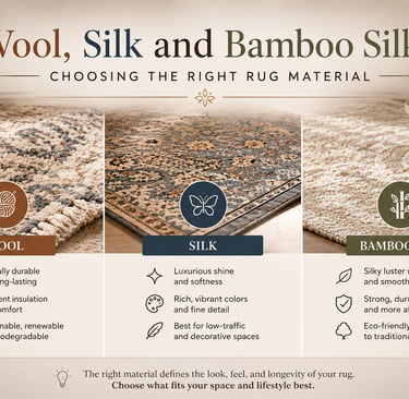 Choosing the right rug material with wool, silk, and bamboo silk rug texture comparison for home int