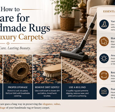 How to care for handmade rugs and luxury carpets with vacuuming, stain removal, storage, and profess