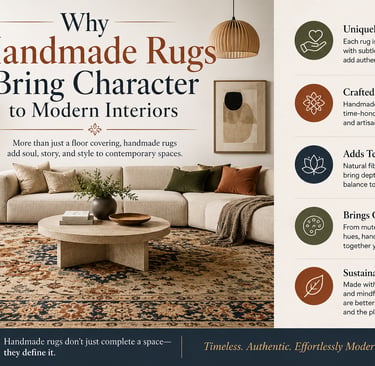 Handmade rug in a modern interior showing texture, warmth, natural materials, craftsmanship, and tim