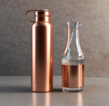Close-up photo of a gleaming copper water bottle reflecting soft natural light.