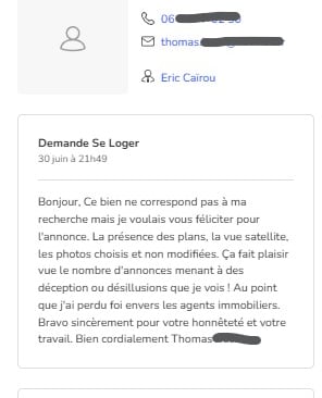 avis client qui félicite l'agent immobilier pour son travail