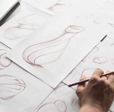 Inventor reviewing product sketches and technical drawings to determine patent eligibility