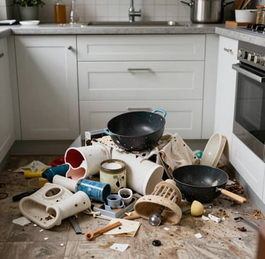 A detailed close-up of a pristine kitchen countertop with inventory tags on appliances.