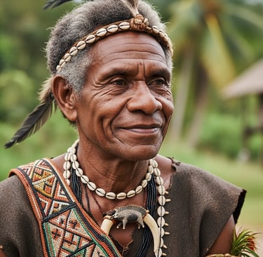 A respectful, smiling portrait of an Indonesian indigenous community leader