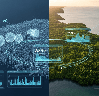 High-tech digital data overlay showing carbon sequestration tracking metrics over a lush Indonesian