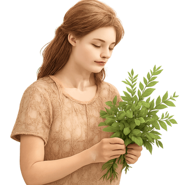 A young woman in a natural setting, gently holding or examining fresh herbs and plants.