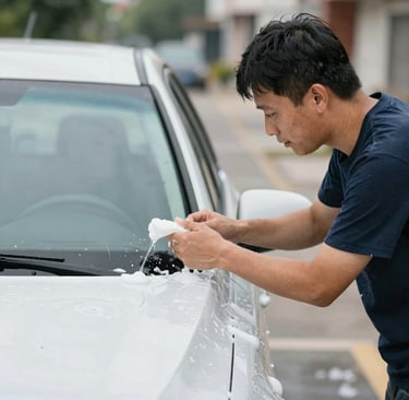 A row of freshly cleaned cars reflecting the warm glow of sunset in the workshop.