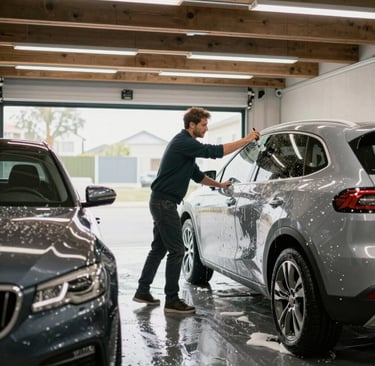 Close-up of a technician carefully polishing a luxury car’s surface to a mirror shine.