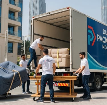 Professional Dubai Packpoint Movers loading furniture into a moving truck near Burj Khalifa.