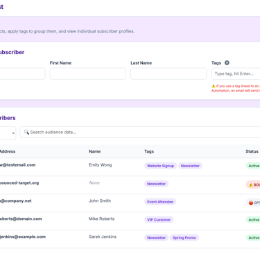 JazzySend subscriber management and audience list dashboard
