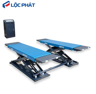 Blue 4000kg scissor car lift with control box for automotive garage service.