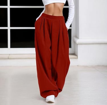 Woman wearing high-waisted red wide-leg trousers and a white crop top long sleeve shirt.