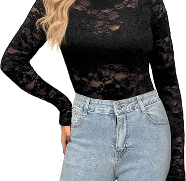Woman wearing a black long sleeve floral lace bodysuit paired with light wash high-waisted jeans.