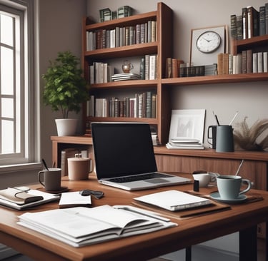 A calm, minimalist workspace with a laptop, notebook, and a cup of coffee, symbolizing thoughtful communication.