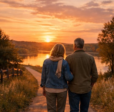 A senior couple walking on a trail by a lake at sunset, enjoying retirement and nature.