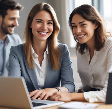 A vibrant office workspace with team members collaborating over laptops and sketches.