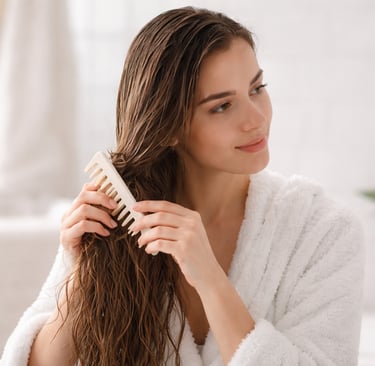 women using wide tooth comb to detangle wet hair