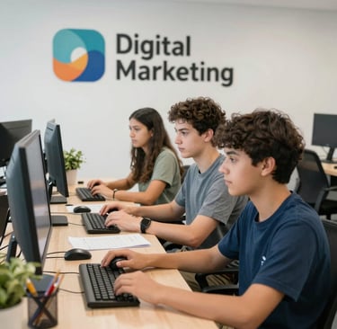 digital marketing agency, where 4 guys sitting & working in front of computer